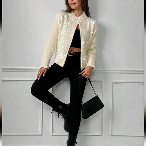 2024 New Women's Fashion Sequin Knit Zip-Up Cardigan, Long Sleeve - Picture 3 of 6